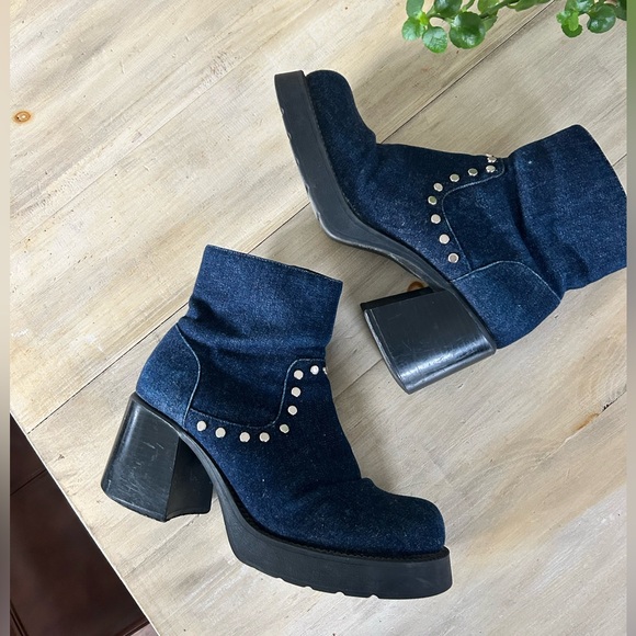 Vintage Shoes - Vintage 90s Y2K chunky platform Bratz denim studded ankle boots size 6.5
